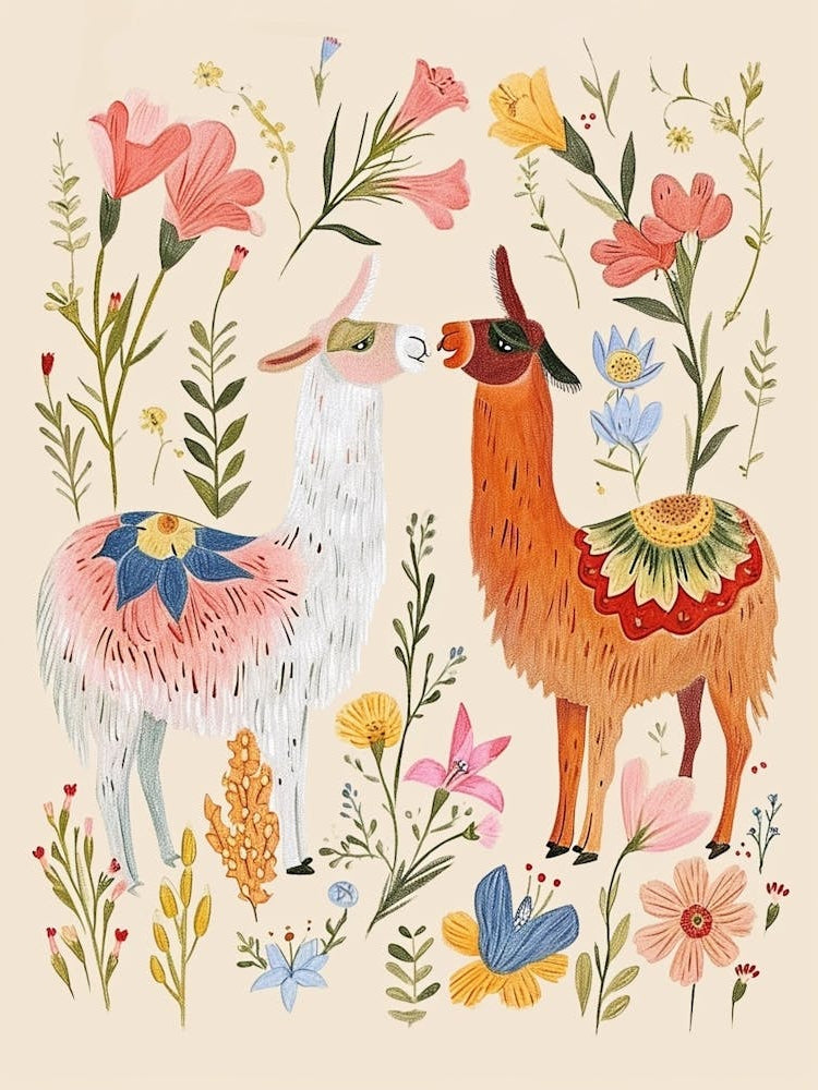 Folksy Floral Animal Drawing Llama 2