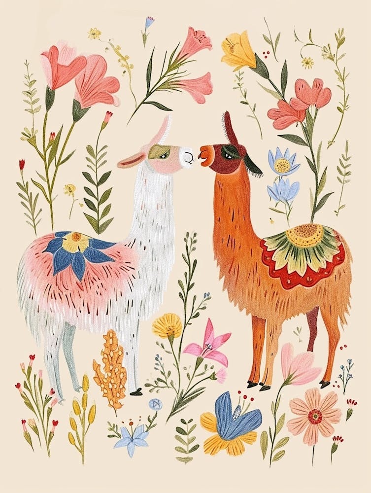 Folksy Floral Animal Drawing Llama 2
