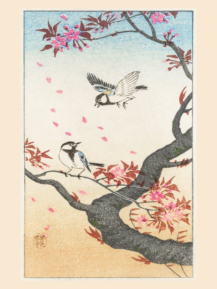Two Great Tits At Blossoming Tree, Ohara Koson