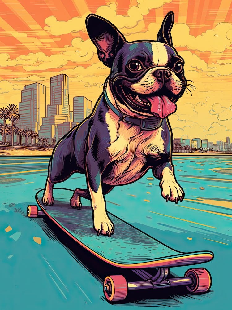 Boston Terrier Dog Skateboarding Illustration 3