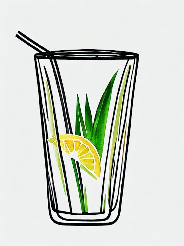 Japanese 2 Minimal Line Drawing With Watercolour Cocktail Poster