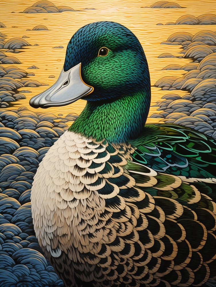 Ohara Koson Inspired Bird Painting Mallard Duck 3