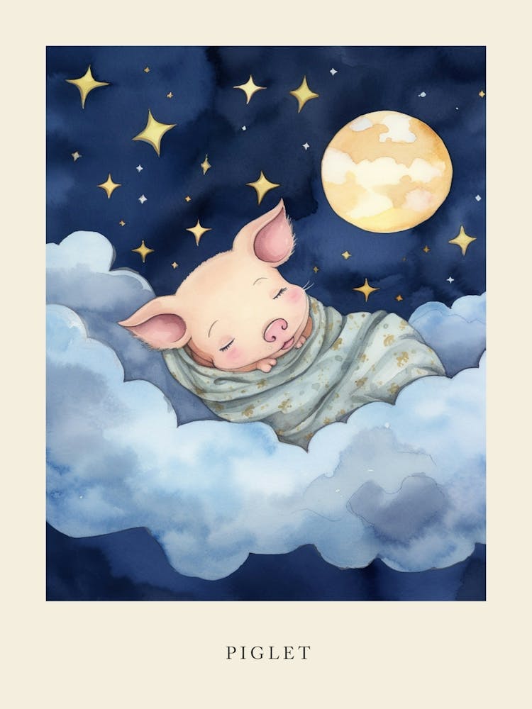Baby Piglet Sleeping In The Clouds Nursery Poster