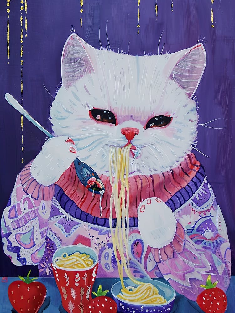 Mignon Chat Blanc Amoureux des Pâtes Illustration Folk 4