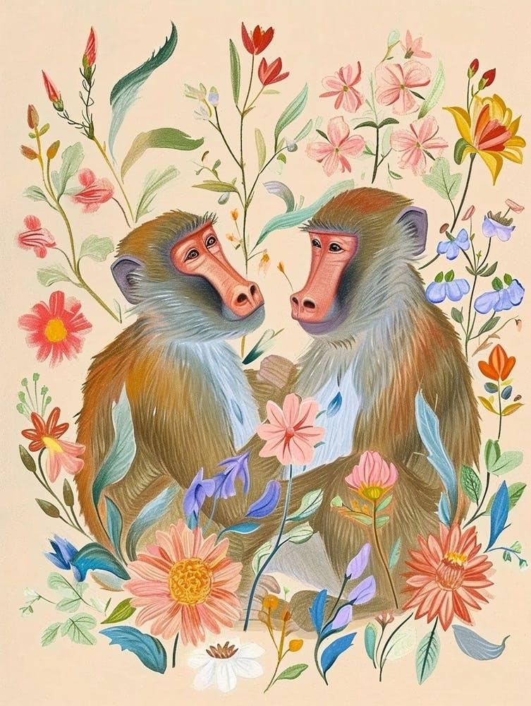 Folksy Floral Animal Drawing Baboon 4