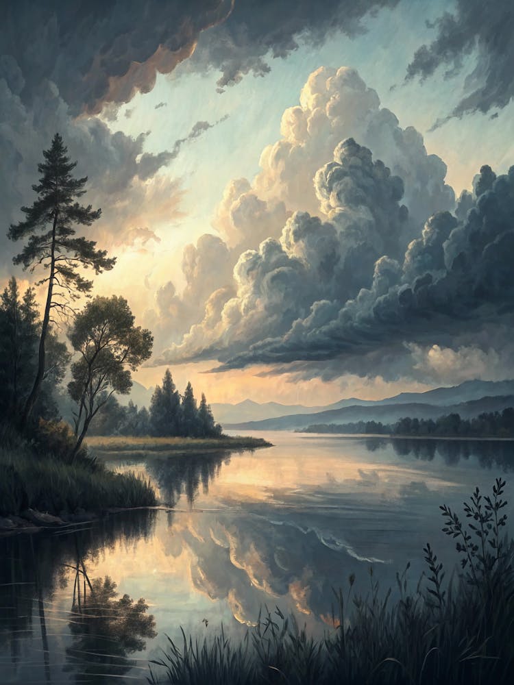 Oil Painting Style Lake Reflecting Dramatic Cloud