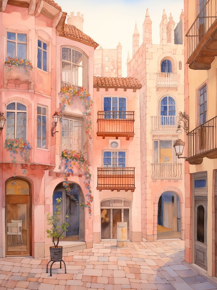 Valencia Spain 3 Vintage Pink Travel Illustration