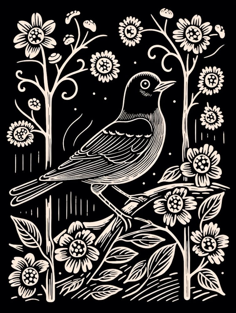 B&W Bird Linocut Eastern Bluebird 2