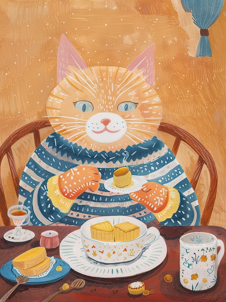 Brown Cat Having Breakfast Folk Illustration 1