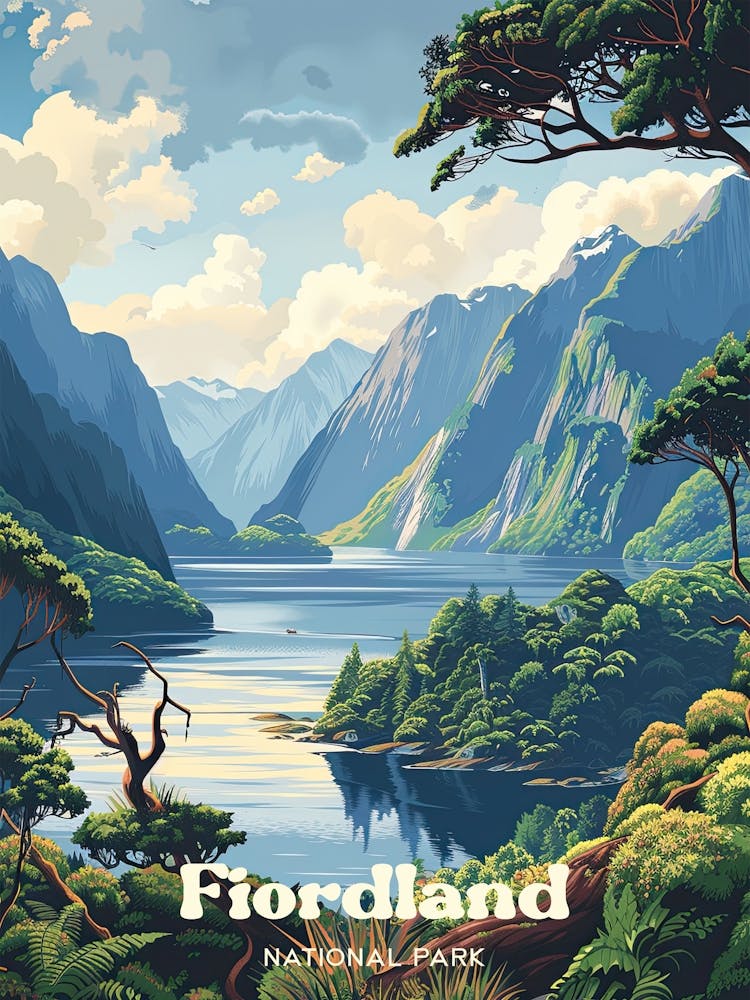 Fiordland National Park Earl Mountains Digital Travel Illustration