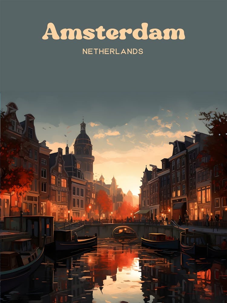 Amsterdam Netherlands Sunset Canal Ride Travel Illustration