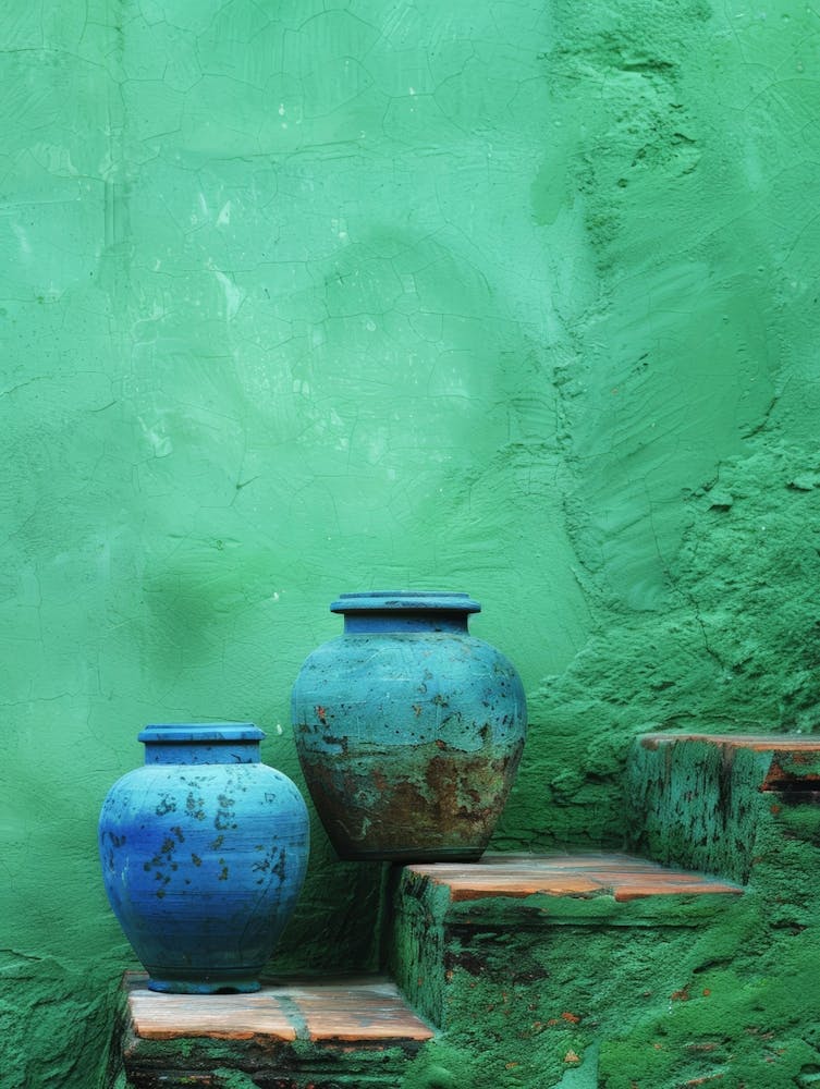 Two Blue Vases On A Green Wall