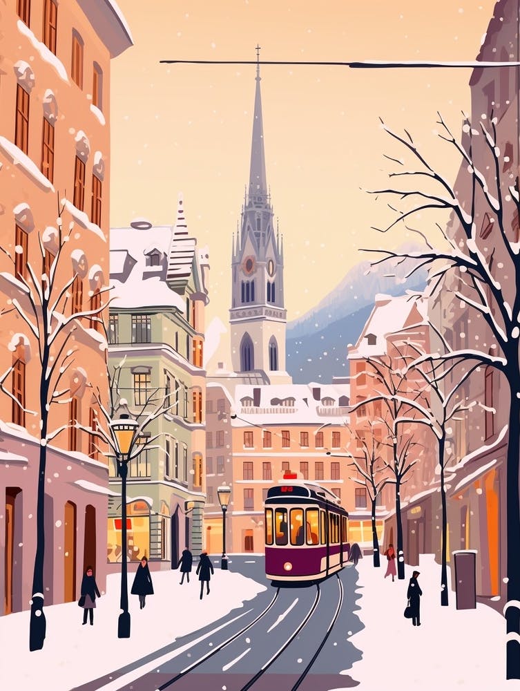 Vintage Winter Travel Illustration Vienna Austria 1