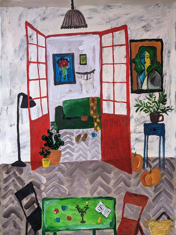 Acrylic painting of a room with a red door