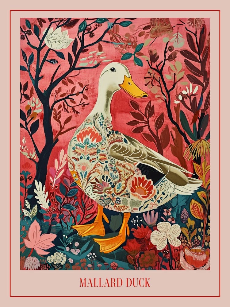 Floral Animal Painting Mallard Duck 2 Poster