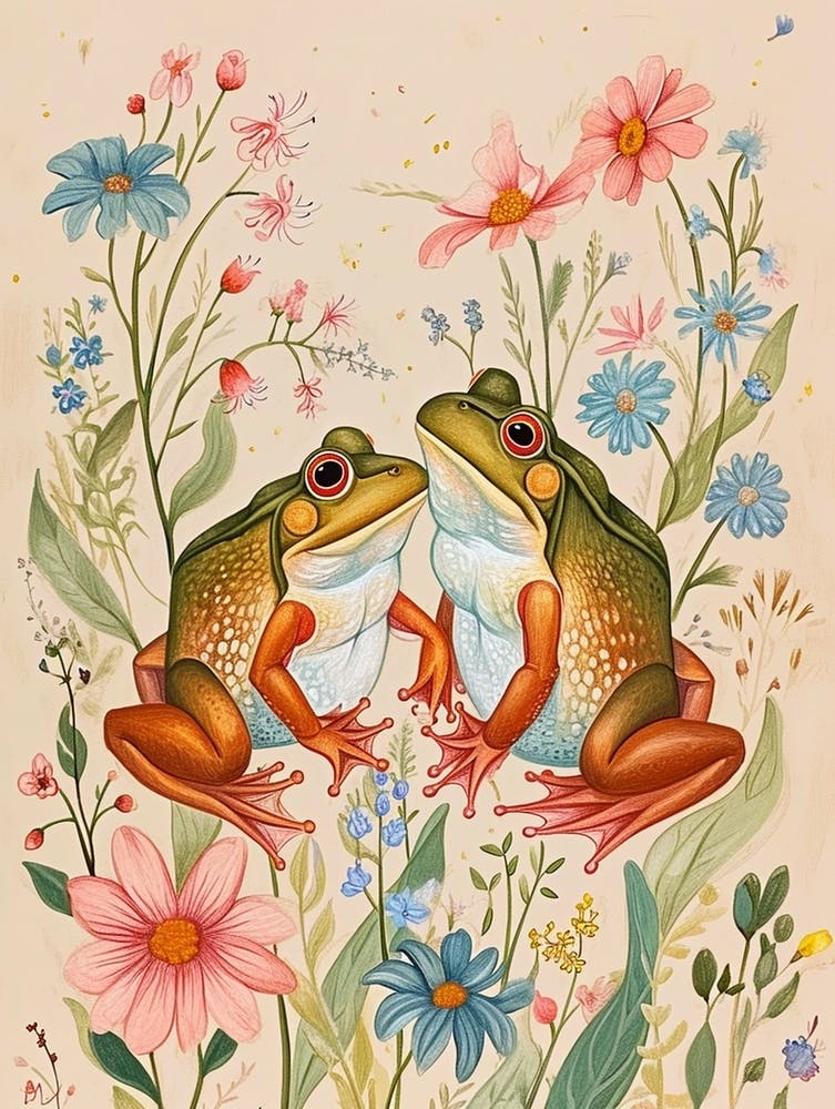 Folksy Floral Animal Drawing Frog 2