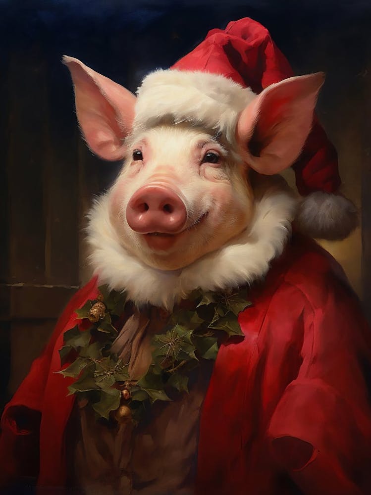Weihnachts-Santa-Schwein Vintage-Porträt, Viktorianisches Tierporträt, Gekleideter Tierdruck, Weihnachtliche Druckbare Wandkunst, Vintage-Weihnachtsdeko 1