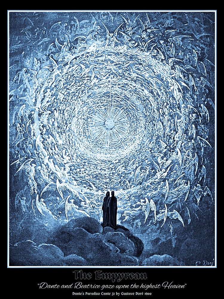 The Empyrean "Dante and Beatrice Gaze Upon the Highest Heaven" The White Rose, Dante's Paradiso Cante 31 by Gustave Dore 1900 (Angels) A Saintly Throng Form a Rose in the Empyrean. Biblical Renaissance Remastered Famous Inferno With Text
