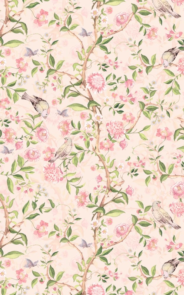 Pastel Blush Antique Chinoiserie With Birds And Flowers