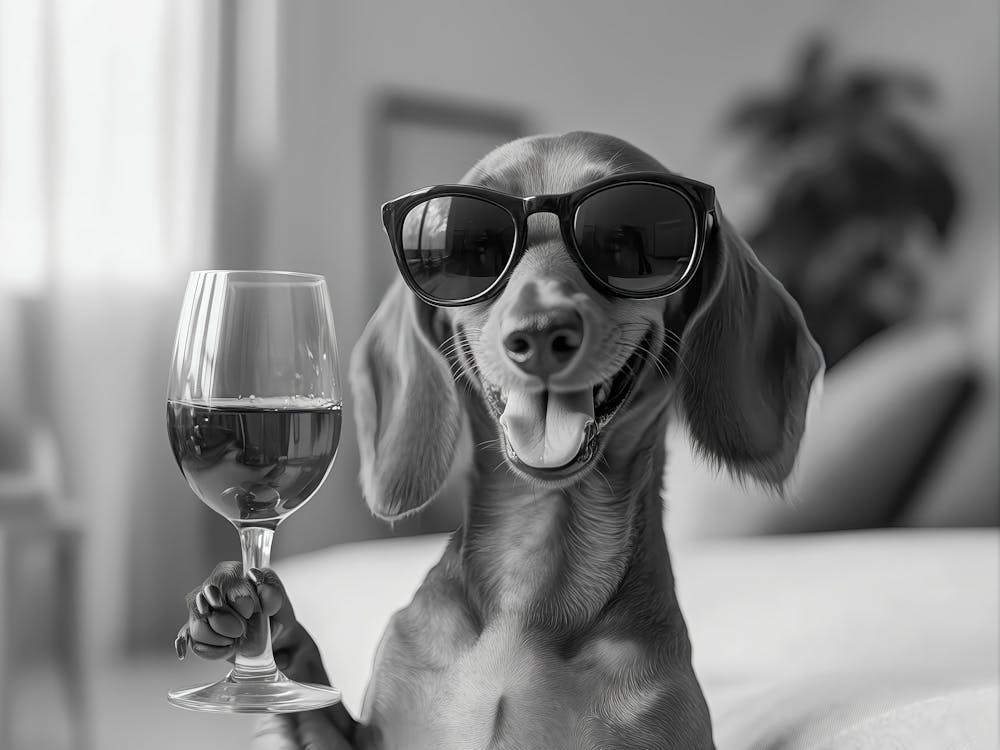 Dackel Rotwein trinkend Druck, Schwarz-Weiß Kunst, Barwagen Druck, Dackel Geschenk, Alkohol Druck, Lustiges Hunde Poster, Küchen Wanddekoration