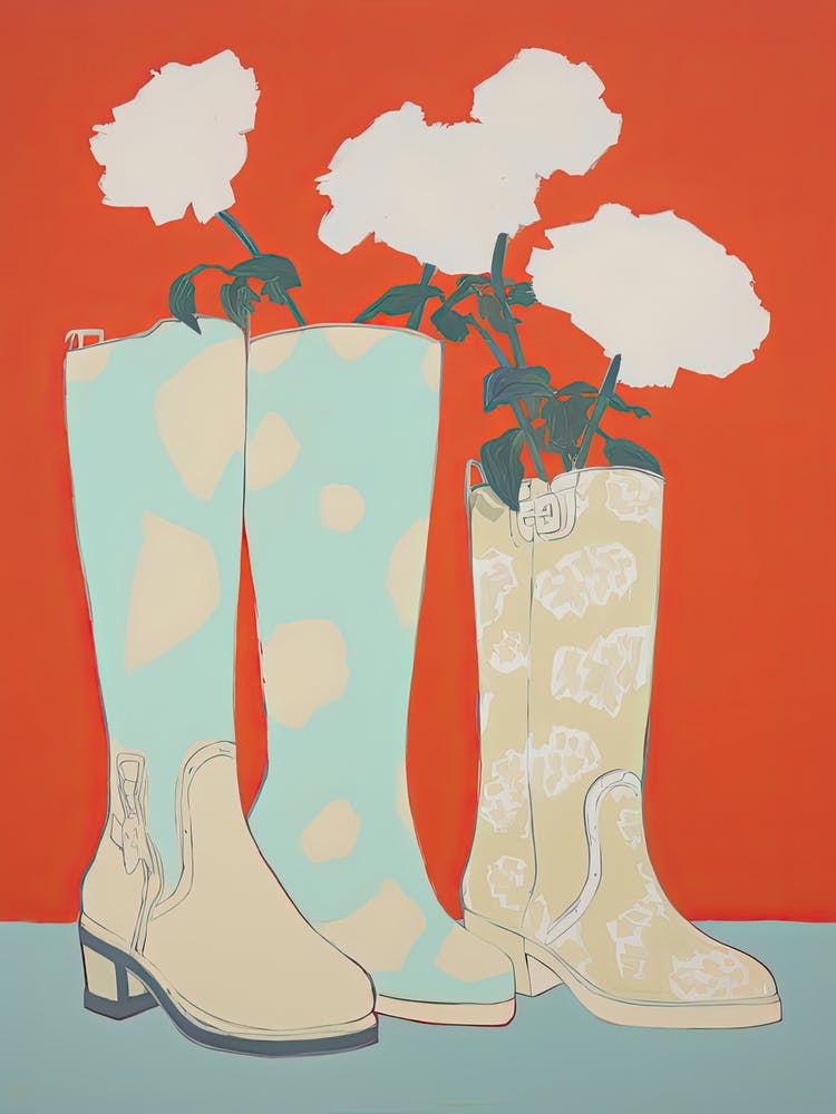A Painting Of Cowboy Boots With Daisies Flowers, Pop Art Style 5