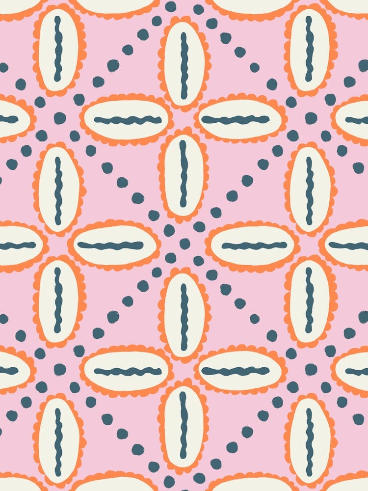 Cowrie Shell Damask Grid White, Orange, Pink, Navy