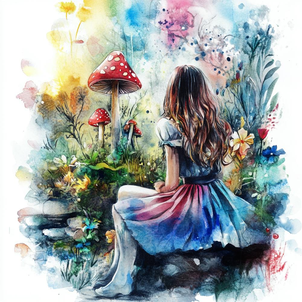 Fille au Pays des Merveilles en Aquarelle