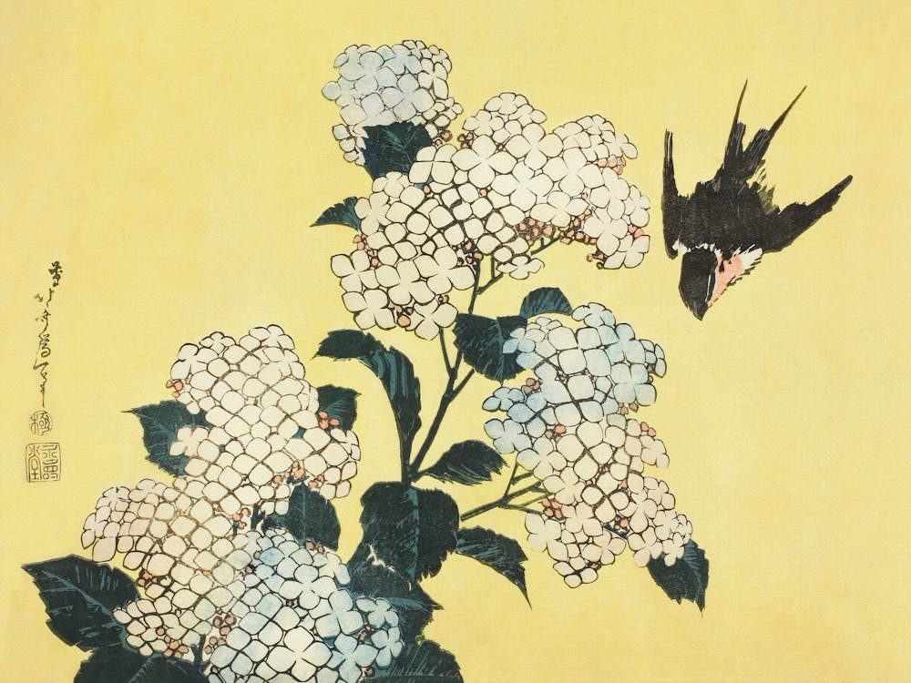 White Hydrangeas, Japanese Floral Vintage Art