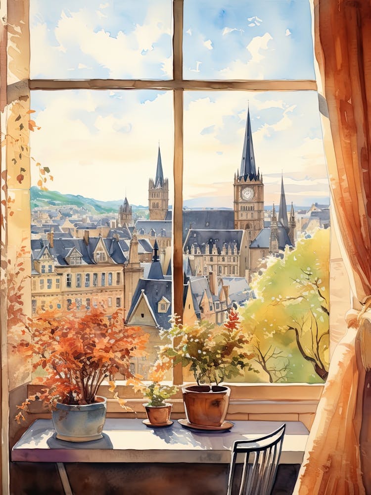 Window View Of Luxembourg City Luxembourg In Autumn Fall, Watercolour 4