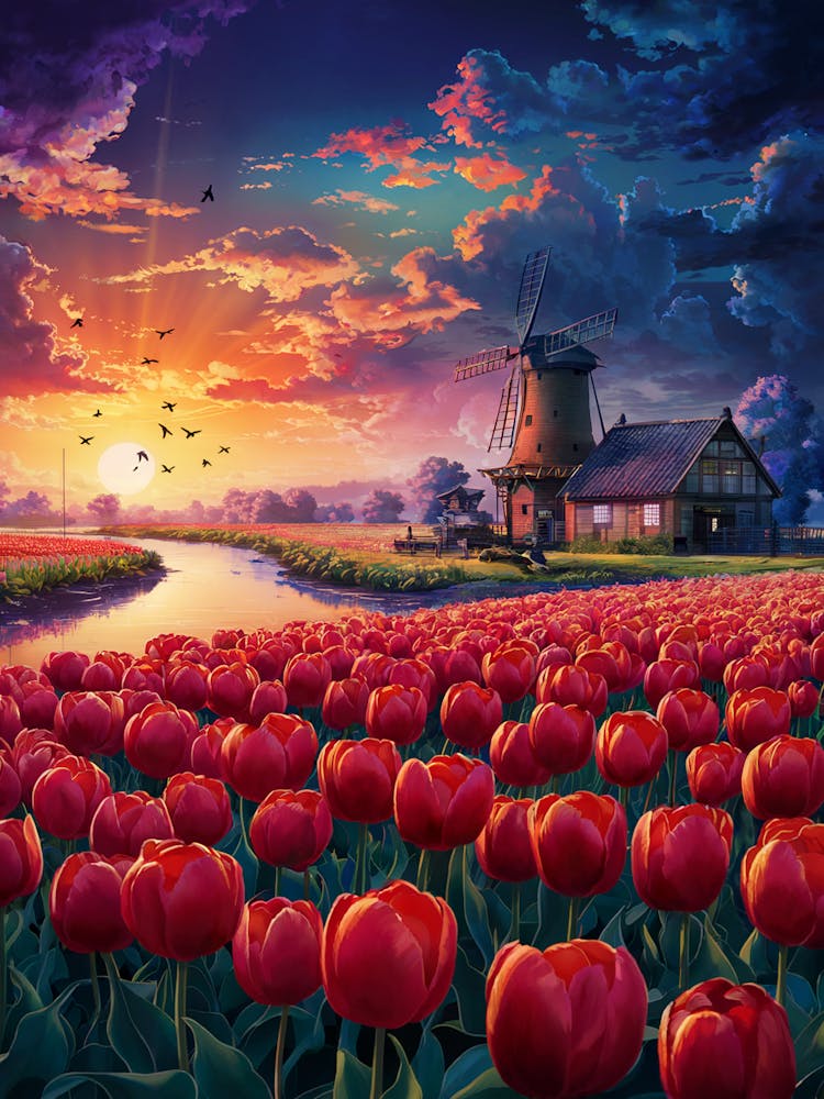 Lofi Anime Art: Vibrant tulip field at sunset with a rustic windmill reflected in the calm water. Bold colors and serene countryside elements evoke peaceful, dreamy vibes.