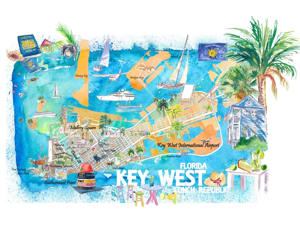 Key West Florida Illustrated Travel Map With Roads And Highlights