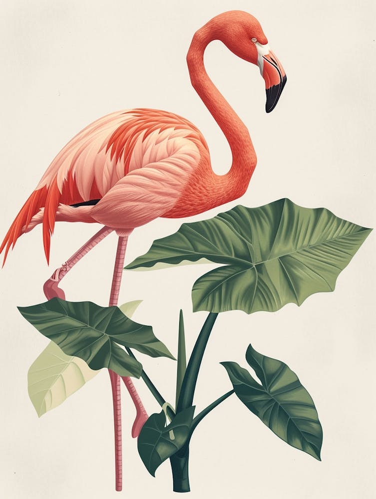 Lesser Flamingo And Alocasia Elephant Ear Minimalist Illustration 4