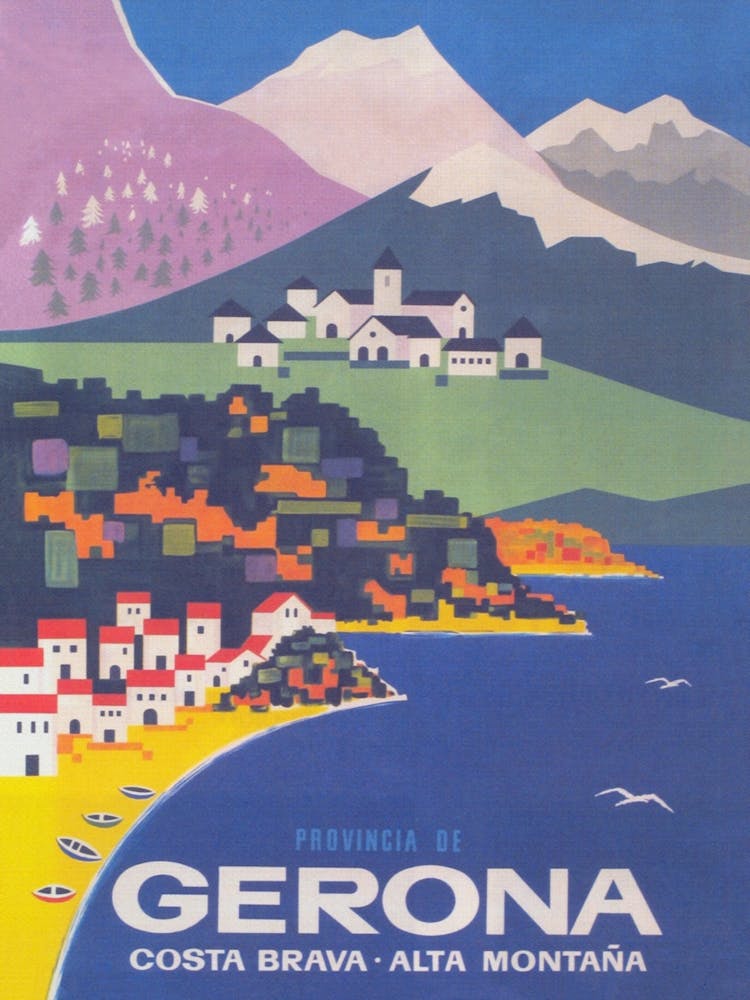 Girona Spanien, Farbenfrohes Vintage Reiseplakat