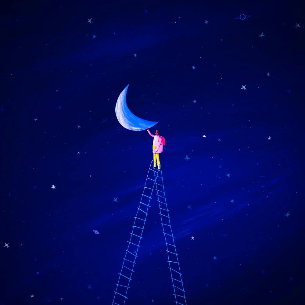 person On A Ladder To The Moon