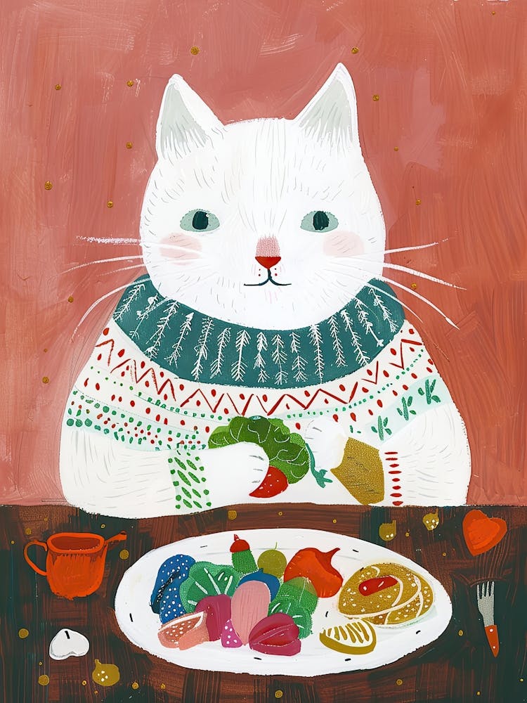 White Cat Salad Lover Folk Illustration 1