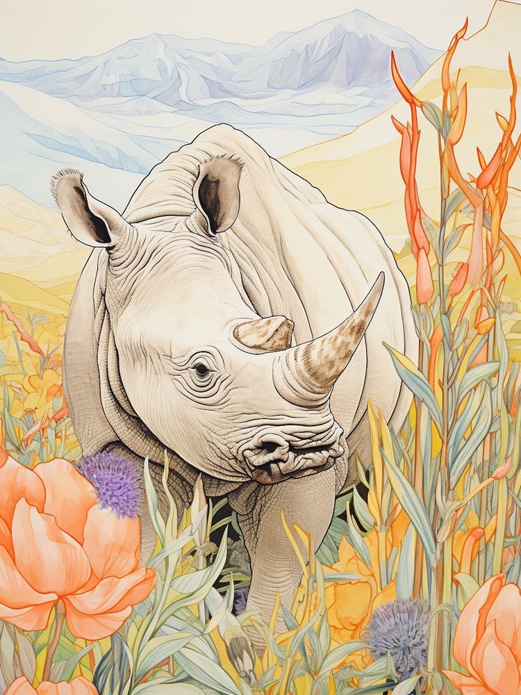 Colourful Rhino With Plants 1
