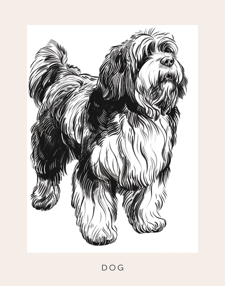 Long Hair Furry Dog Line Sketch 6 Poster
