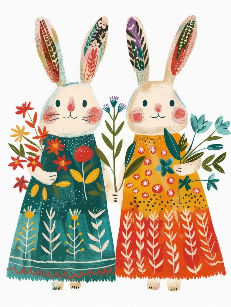 Two Bunnies Holding Flowers 1