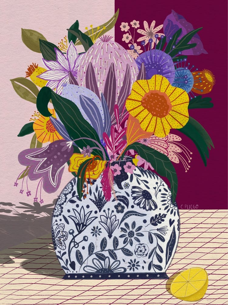 Still Life Protea Flowers Purple Yellow Lime