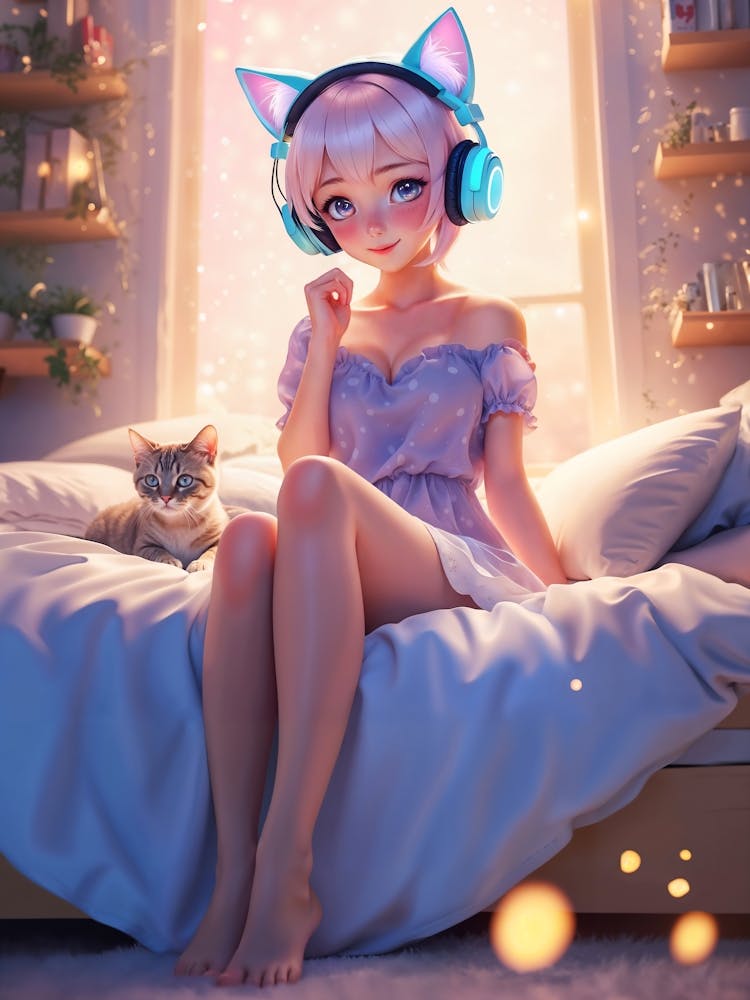 A cute anime girl with cat ears sits on a bed with her kitten. Her cosplay outfit is sexy and kawaii. The feline is a playful kitten, and the girl is a gamer lady. The room is cozy and inviting, with a warm glow.