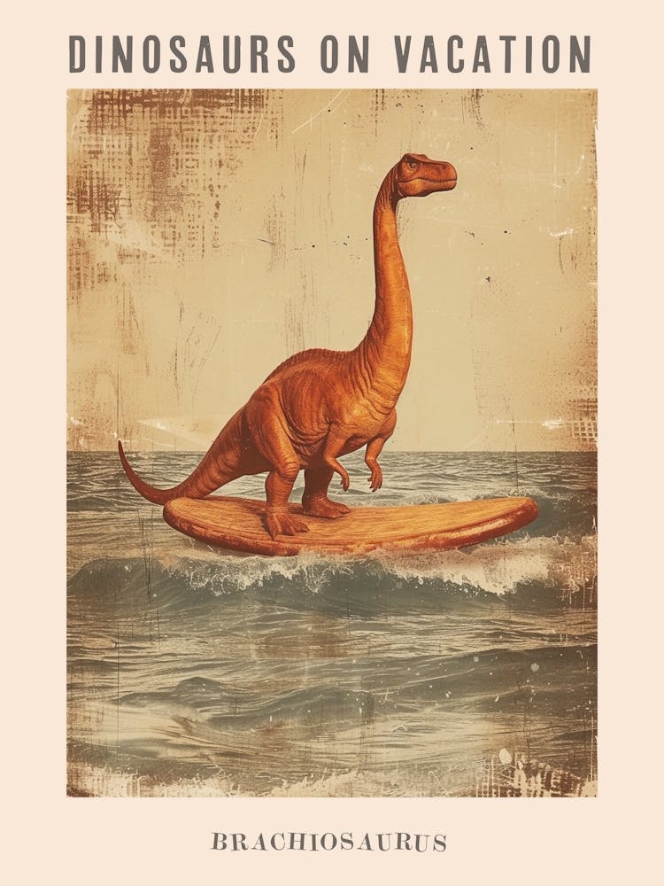 Vintage Brachiosaurus Dinosaur On A Surf Board 1 Poster