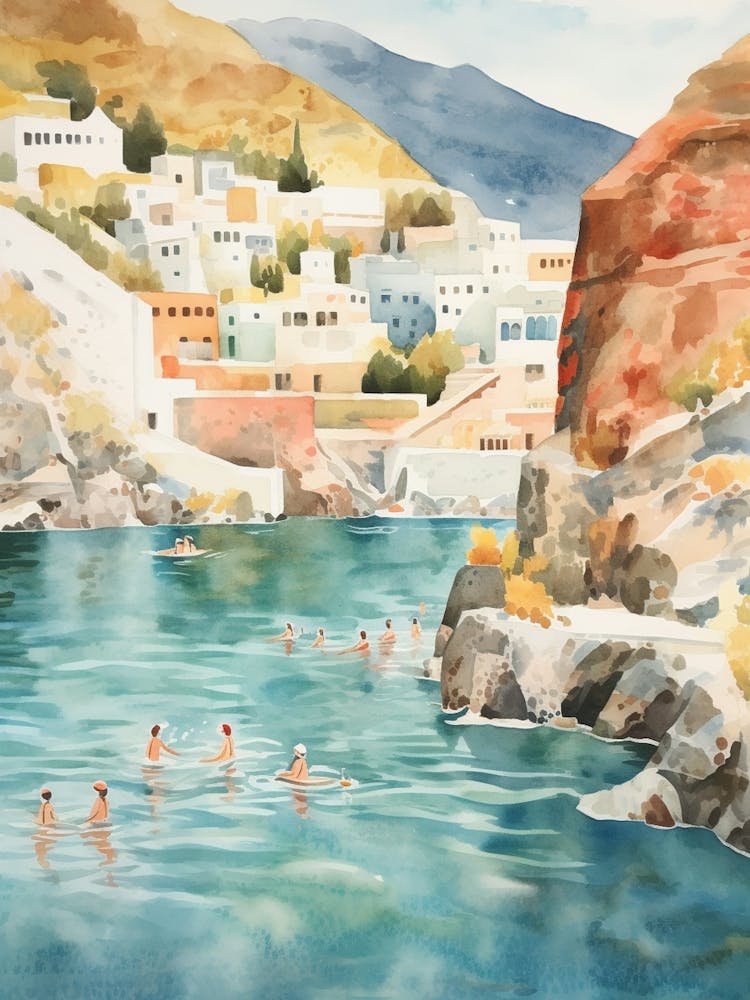 Swimming In Santorini Greece Watercolour