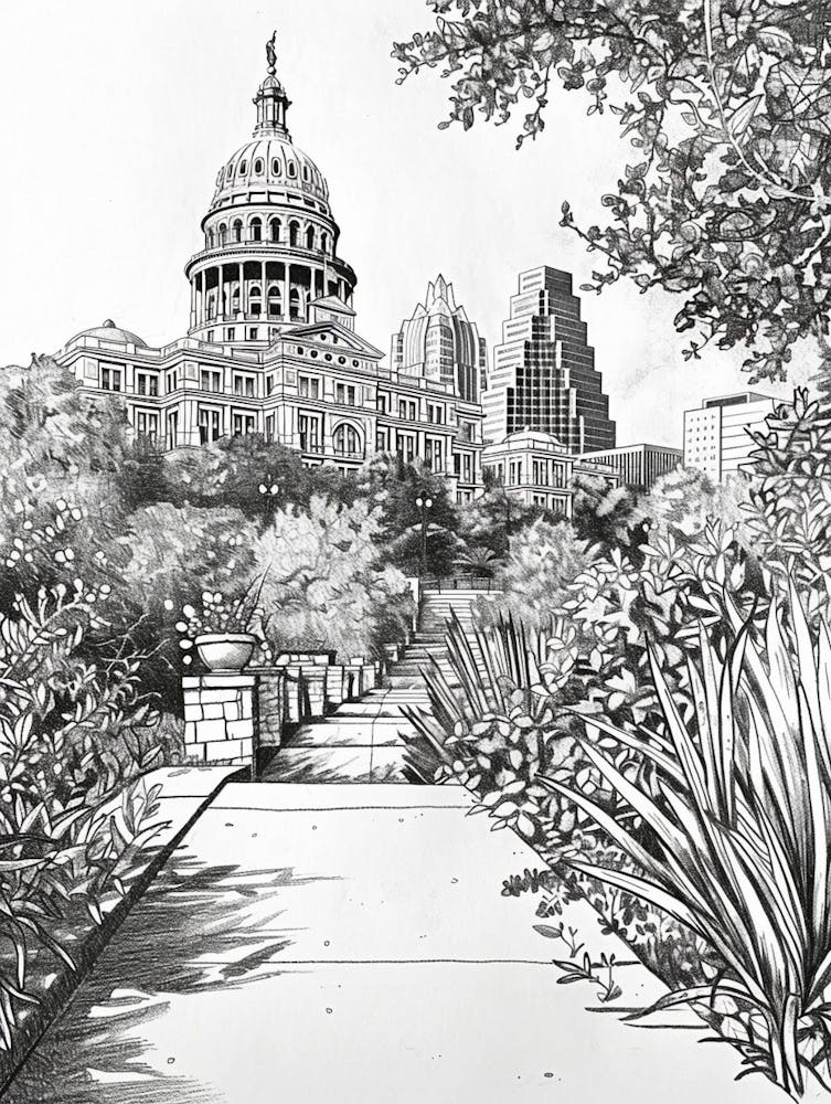 The Texas State Capitol Austin Texas Dessin Noir et Blanc 2