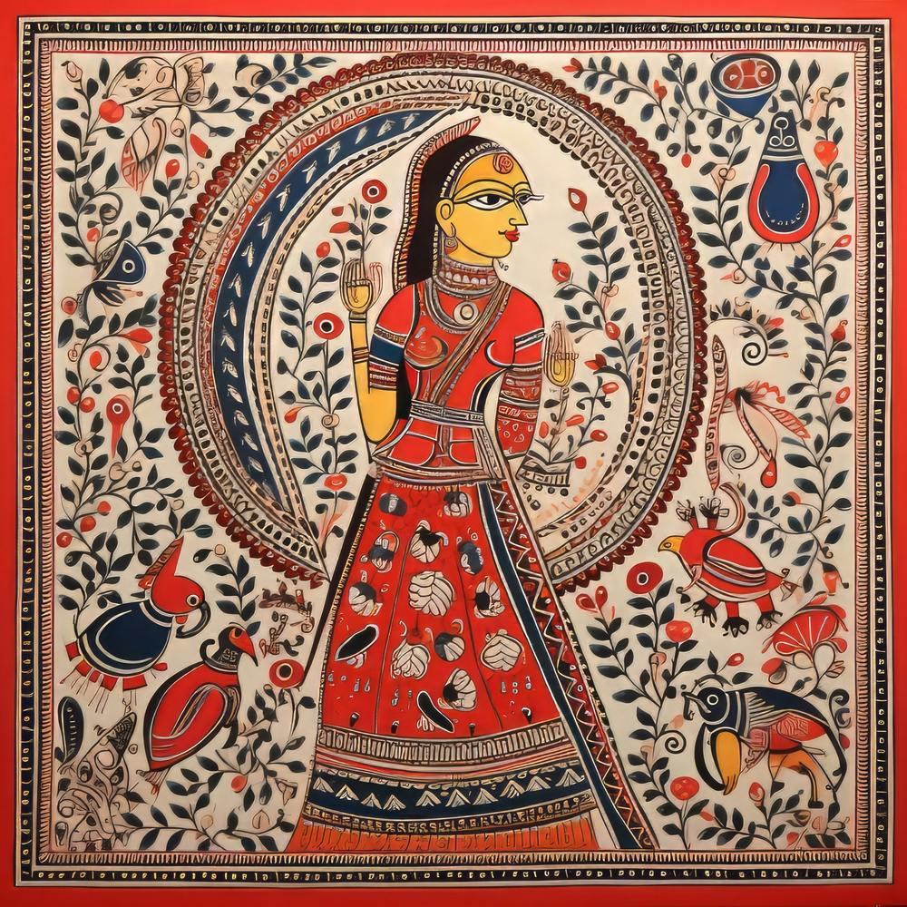 Indisches Gemälde, Traditionelles Gemälde, Indisches Gemälde Madhubani Malerei Indischer traditioneller Stil