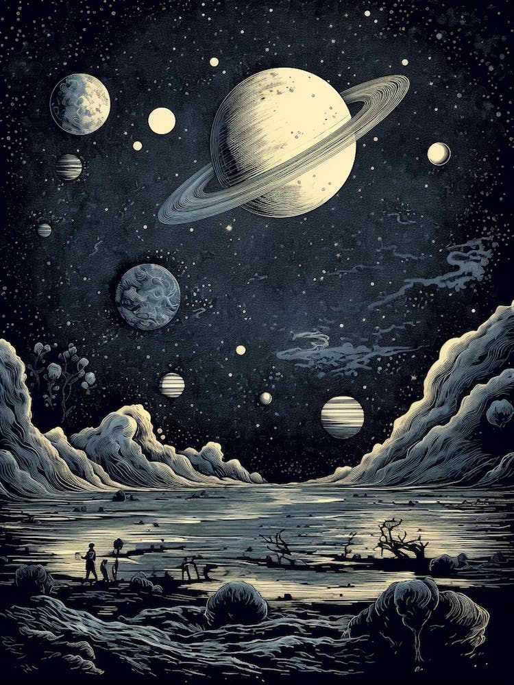 Solar System And Moon Etching Style
