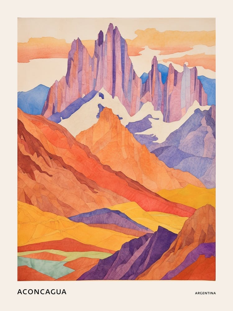 Aconcagua Argentina 1 Colourful Mountain Illustration Poster