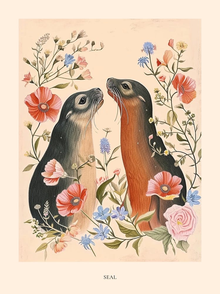 Folksy Floral Animal Drawing Seal 5 Poster