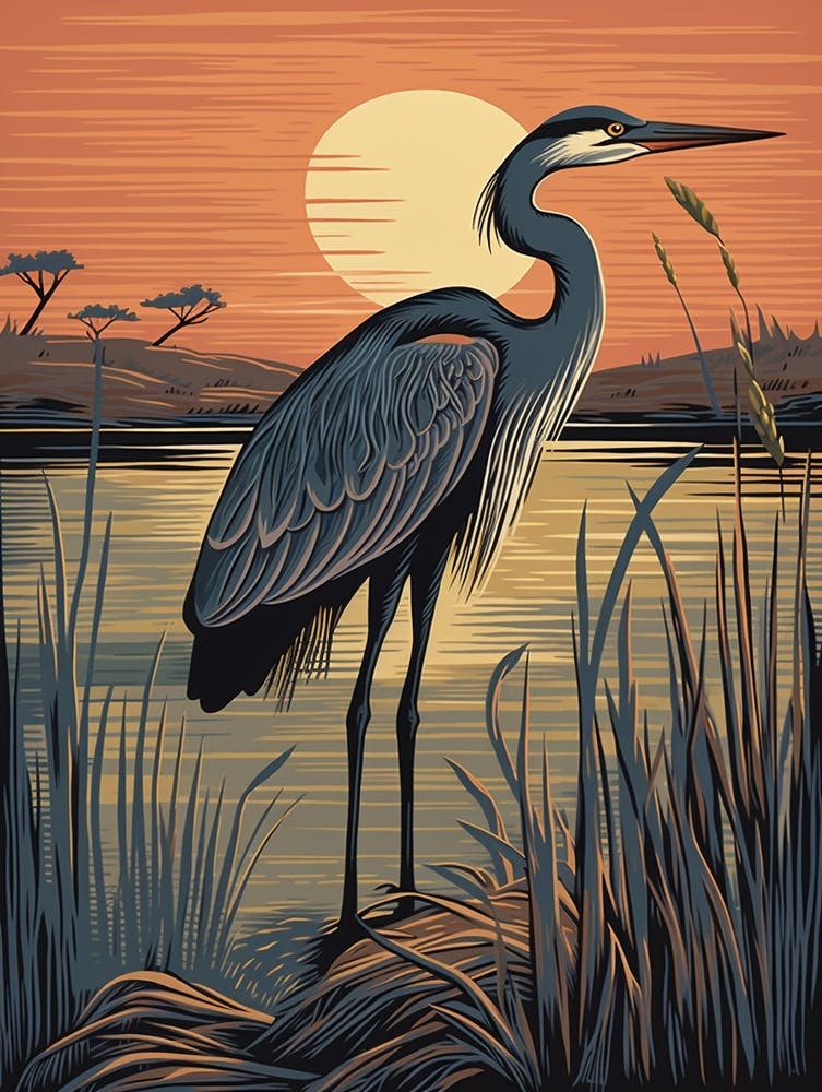 Vintage Bird Linocut Great Blue Heron 8