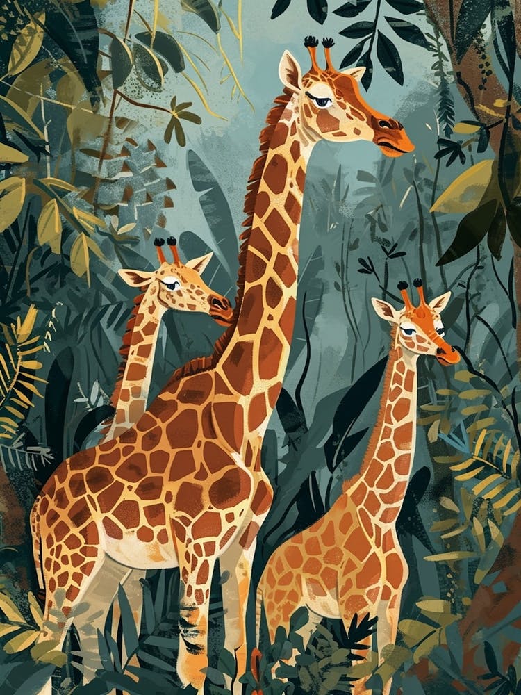 Giraffe In The Plants Modern Kitsch Illustration 1