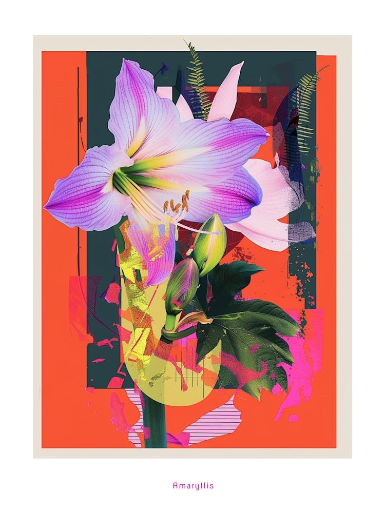 Amaryllis 2 Neon Flower Collage Poster